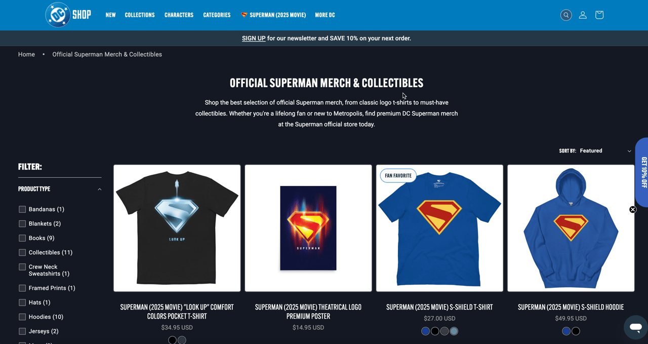 DC Shop storefront showing official Superman merchandise